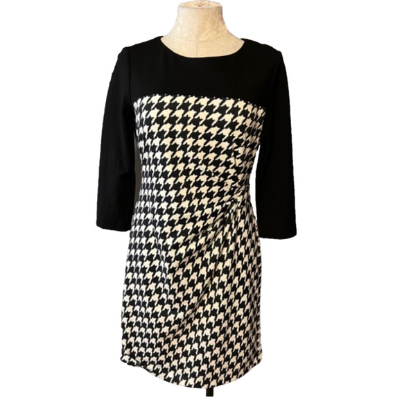 Tahari Levine Dress Black White 8P 8 P Houndstooth Stretch Sheath Career Church - Picture 1 of 8